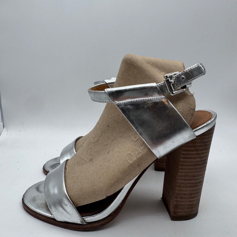Coach Lexey Mirror Metallic Silver Leather Sandals Block Heel Ankle Strap 7‎ B - Picture 3 of 7